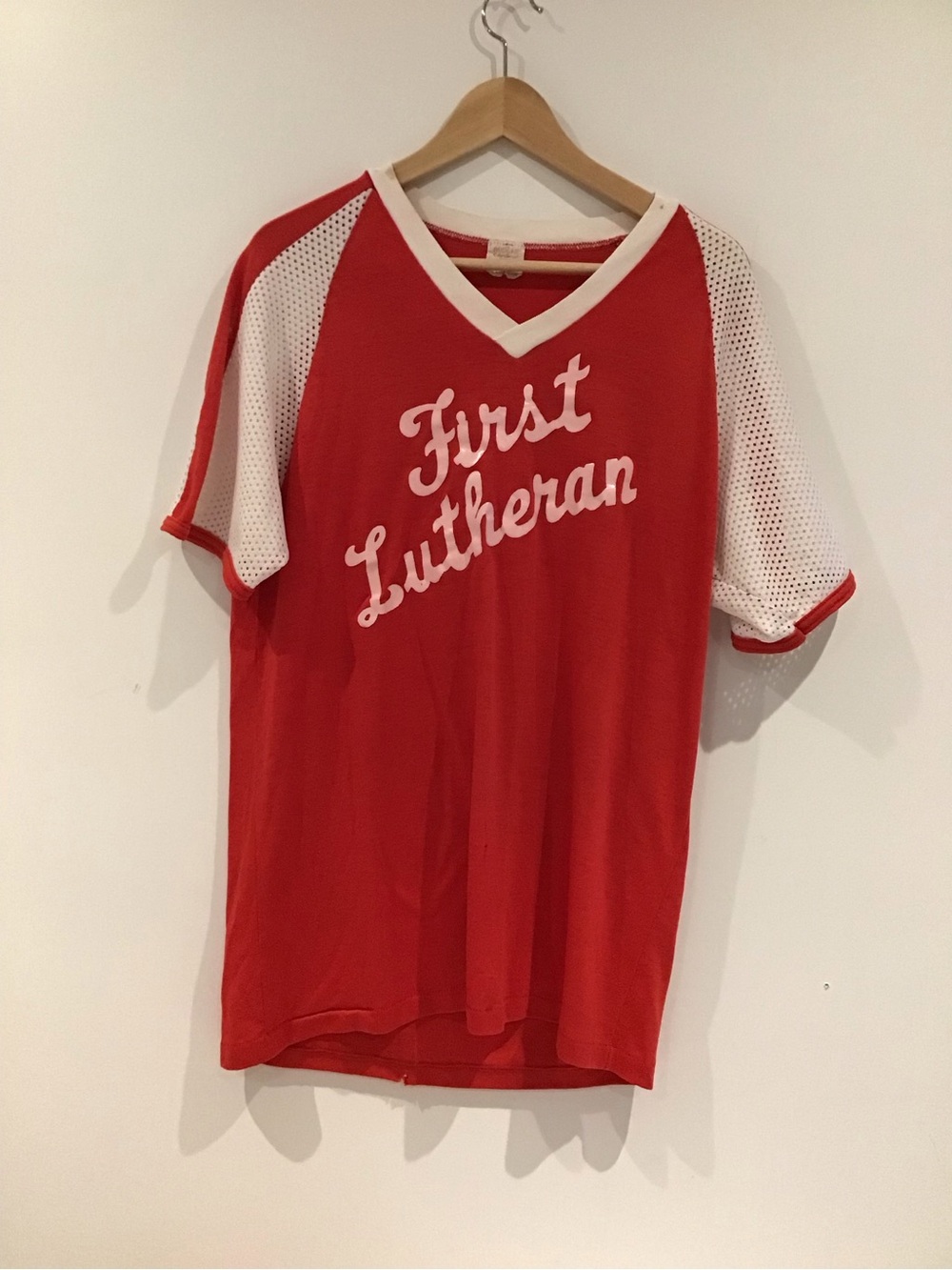 Red & White 'First Lutheran' V‑Neck Vintage Tee